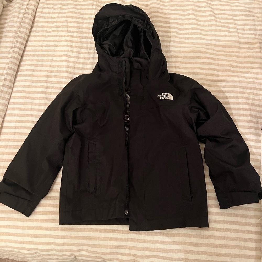 Northface 4T black, hooded, waterproof shell. No tears or stains.